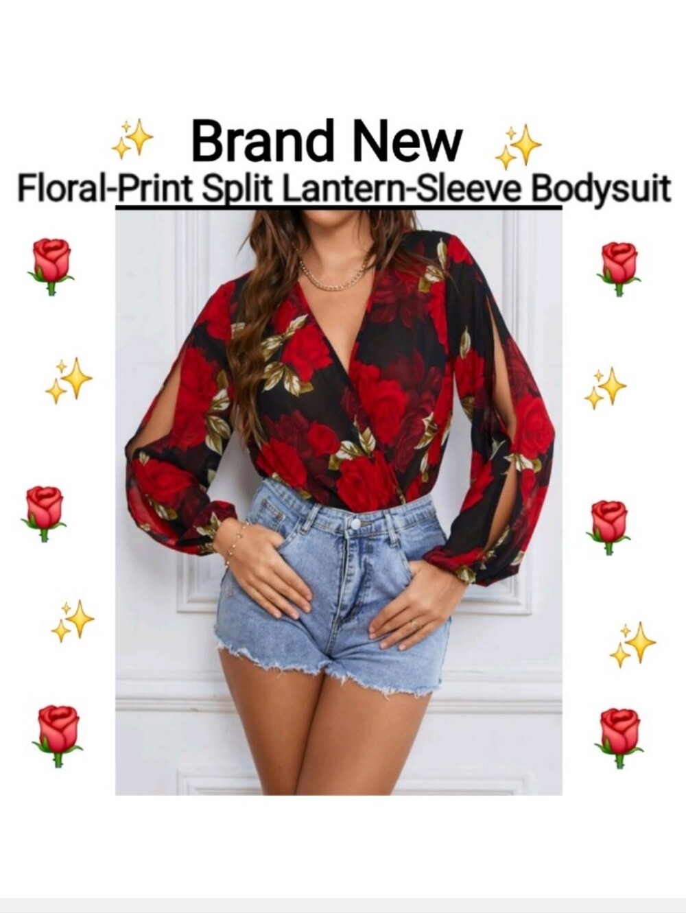 Brand New 🌹 Red Floral Split Lantern-Sleeve Bodysuit - Red/Black, Size L